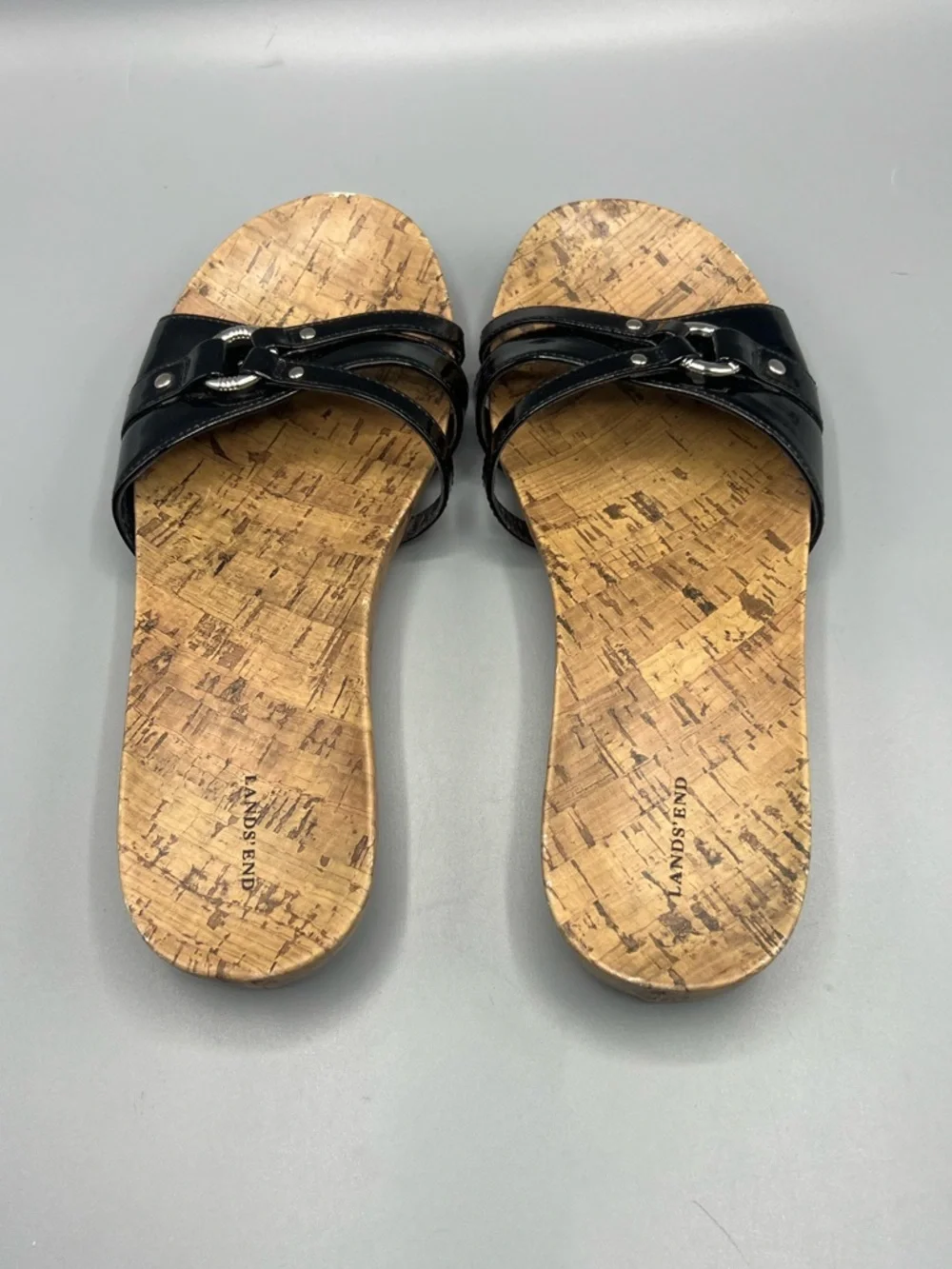 Lands' End Women's Black Harbor Light Flat Patent Leather Slides Sandals
